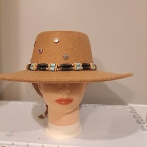Upscaled Camel Color Wool Blend Hat With Handmade Leather Beaded Hatband